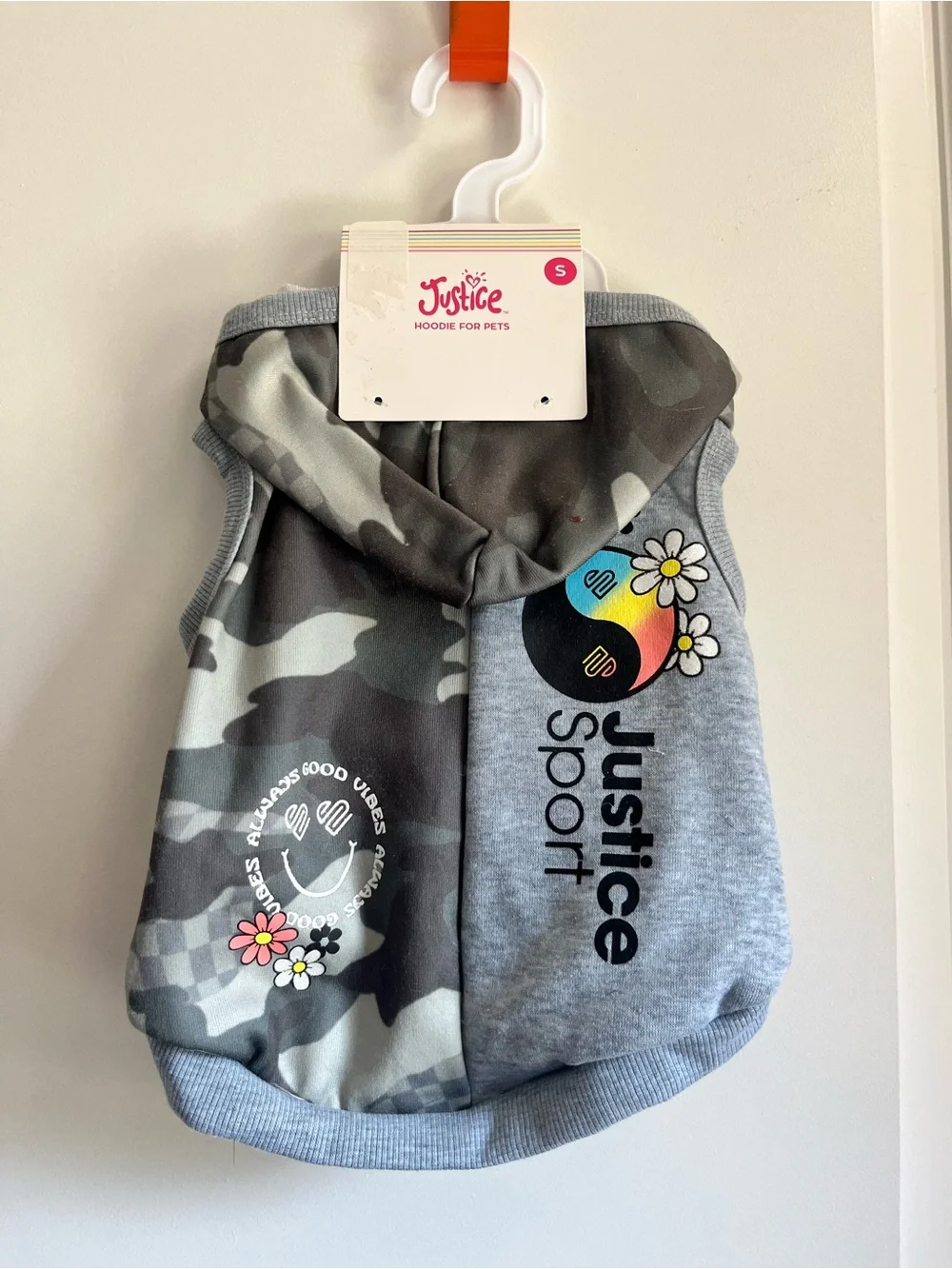 Justice Sport Split Camo and Gray Dog Hoodie.